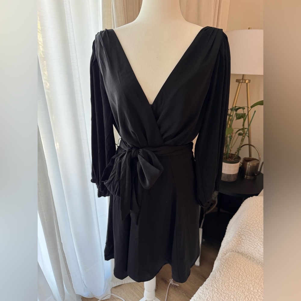 Elegant Black Wrap Dress with Waist Tie